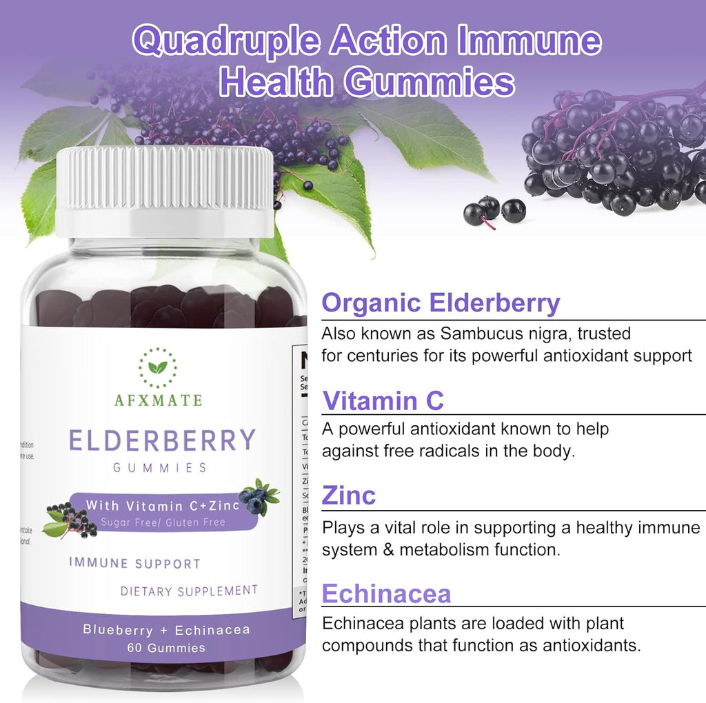 Sambucus Elderberry Gummies, Black Elderberry Gummy with Zinc and Vitamin C for Adults, Sugar Free Kids Multivitamin Gummies Immune Support* Supplement (2 Pack)