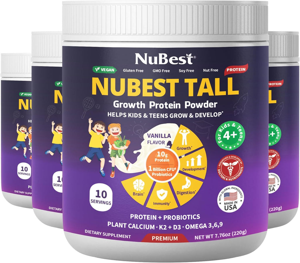 NuBest Tall Protein Powder for Kids & Teens - Vegan Vanilla Protein Powder Shake with Organic Red Algae Calcium, Probiotics, Omega 3-6-9, Vitamin D3 + K2 & Magnesium from Marine Algae - Pack 4