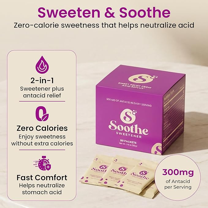 Sweet Relief Soothe Natural Antacids for Acid Reflux - Calcium Carbonate Heartburn Relief, Zero Calorie Sweetener, Beverage Enhancer (100 Count)