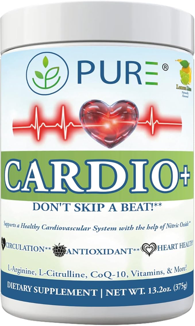 PURE Cardio+ Drink Mix, Lemon Lime, L-Arginine 5000mg, L-Citrulline 1000mg, Vitamins B12, C, D3, Beet Root, 30 Servings, 373.5 Grams (Pack of 1), Premium Wellness Support, Nitric Oxide, Cardio