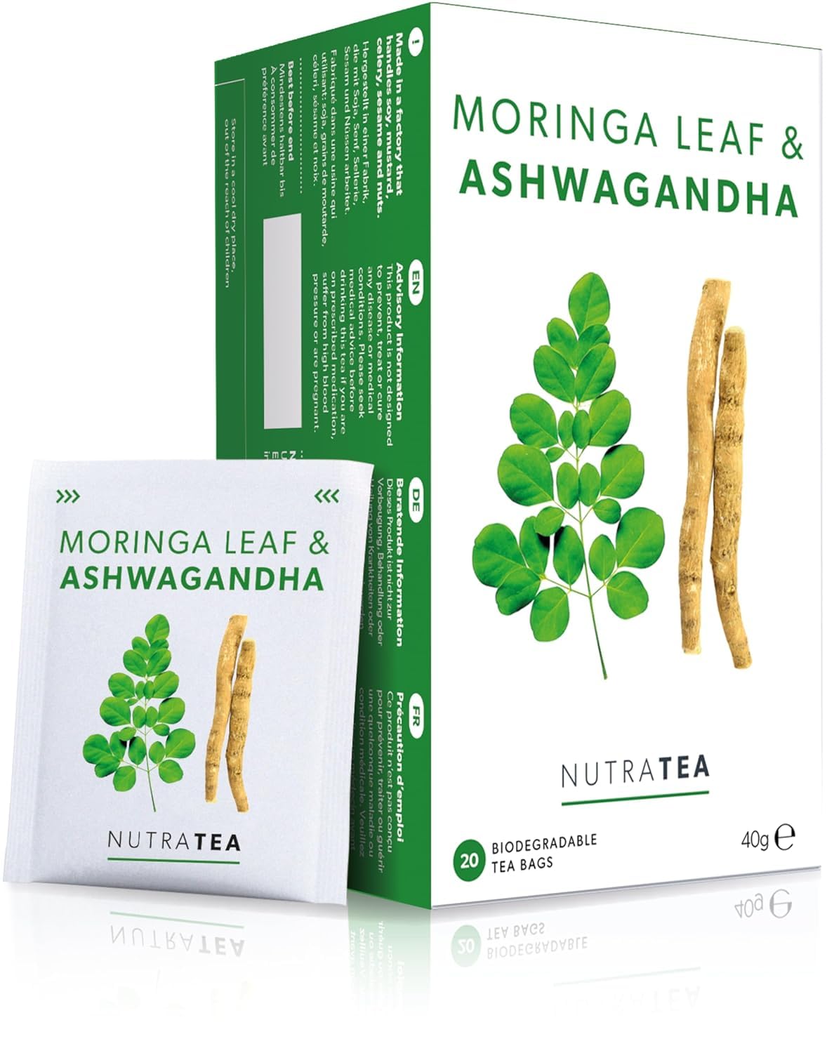 Nutra Tea - Moringa Leaf & Ashwagandha – Moringa Tea Bags, Ashwagandha Tea Bags - For Mood Support and Stress Relief - 60 Individually Wrapped Bags - Herbal Infusion (3 Pack)