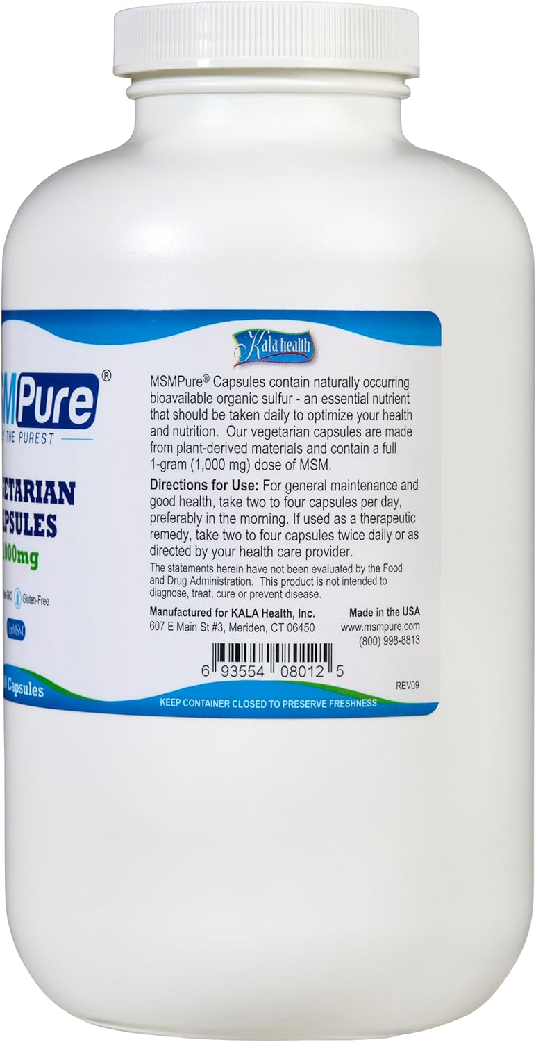 KALA HEALTH MSMPure MSM Vegetarian Capsules – 1,000 mg US-Made MSM per Capsule for Joint Health, Skin Appearance, Hair & Nail Support – 500 Count, Organic Sulfur