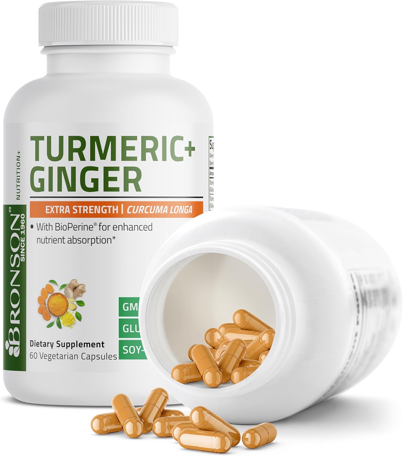 Bronson Turmeric + Ginger Extra Strength Joint Health & Digestion Support with BioPerine, Non-GMO, 60 Vegetarian Capsules