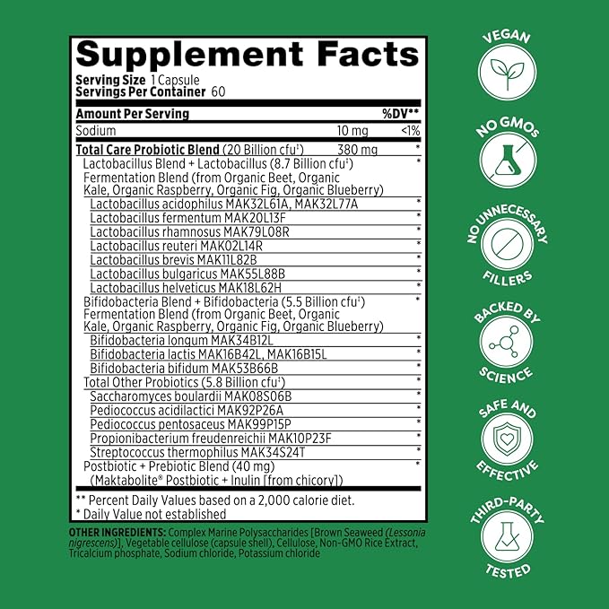 Probulin Total Care Probiotic Supplement, Daily Gut, Digestive, and Immune Health Probiotics Capsules for Men and Women, 20 Billion CFU, Vegan, 60 Count Bottle