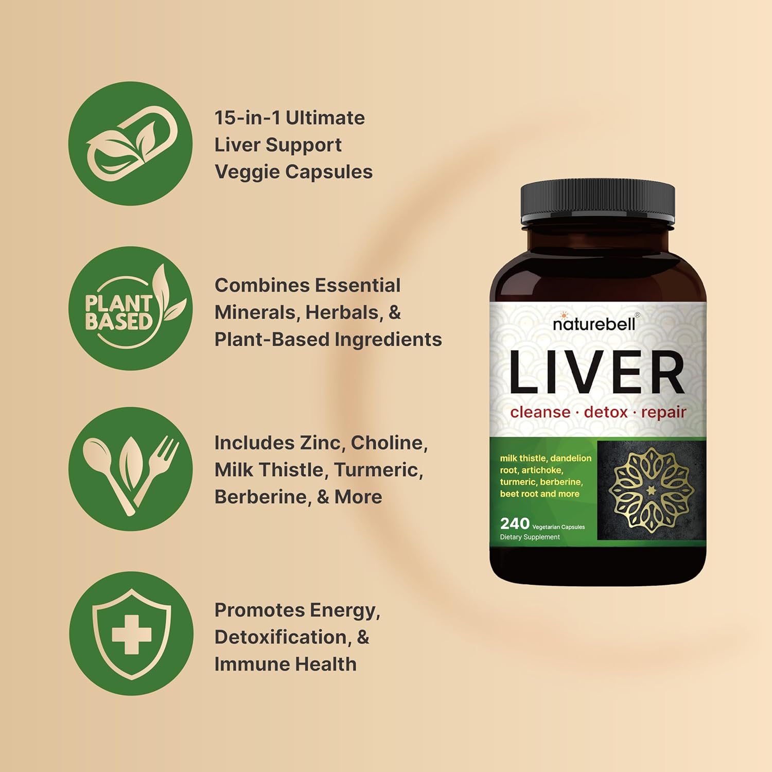 Liver Cleanse Detox & Repair, 240 Veggie Capsules | Milk Thistle with Turmeric, Dandelion Root, Artichoke, Black Currant Oil & More in 15-in-1 Herbal Formula | Premium Liver Support Supplement
