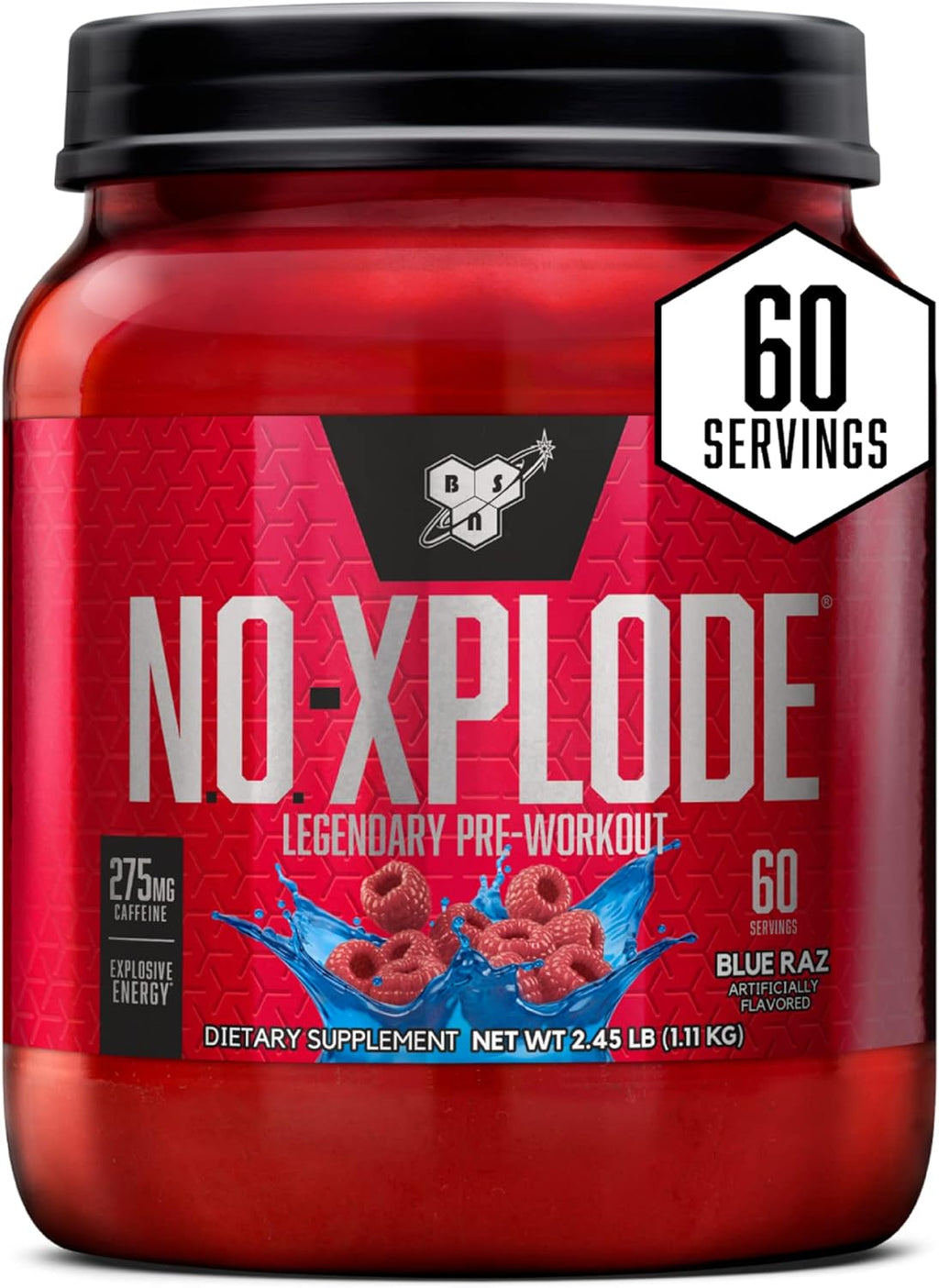 BSN N.O.-XPLODE Pre Workout Powder, Energy Supplement for Men and Women with Creatine and Beta-Alanine, Flavor: Blue Raz, 60 Servings