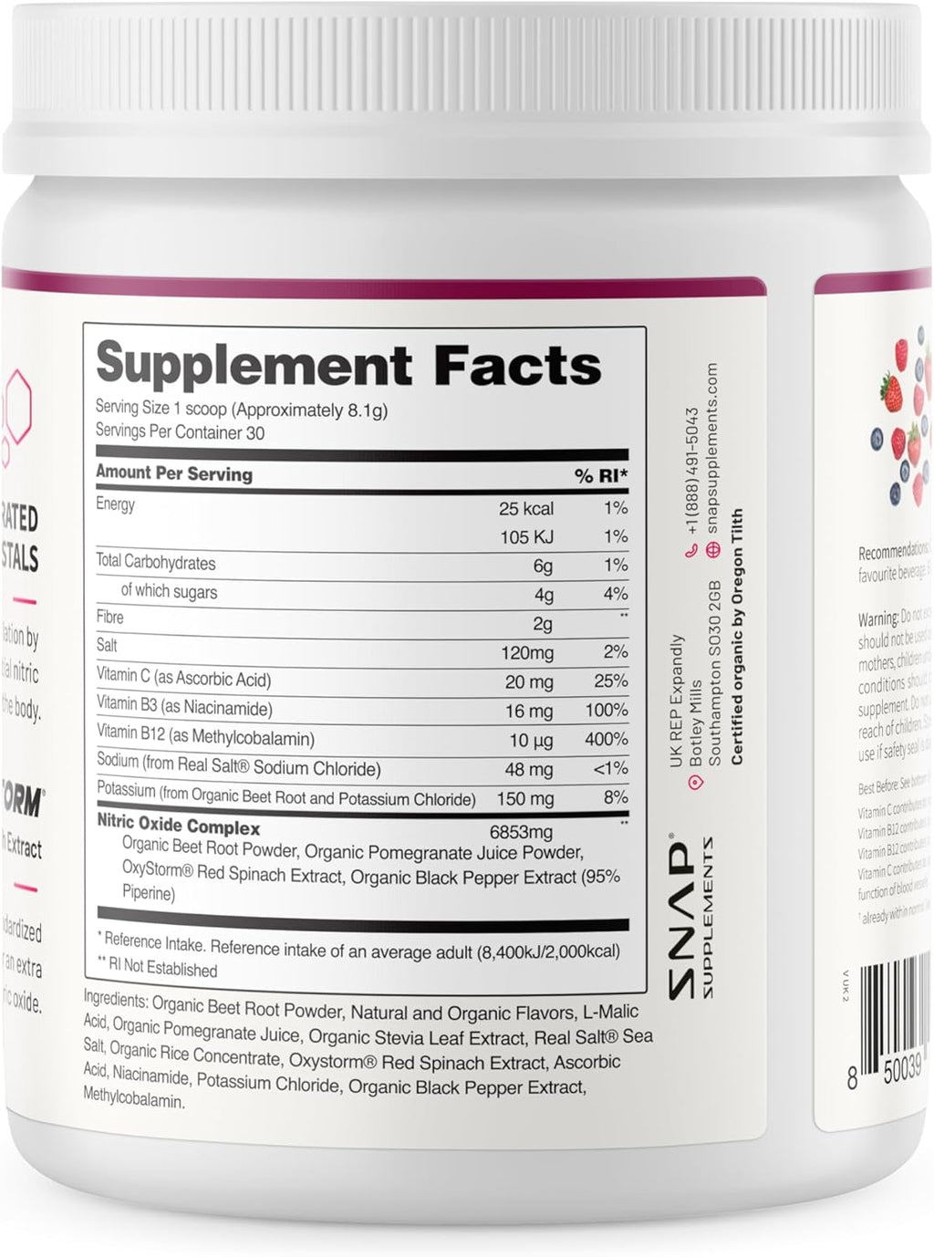 Snap Supplements Organic Beet Root Powder, Nitric Oxide Supplements for Men & Women, Beets, Pomegranate, B Vitamins & Red Spinach, Energy, Heart Health & Circulation Support, 30 Servings, Mixed Berry