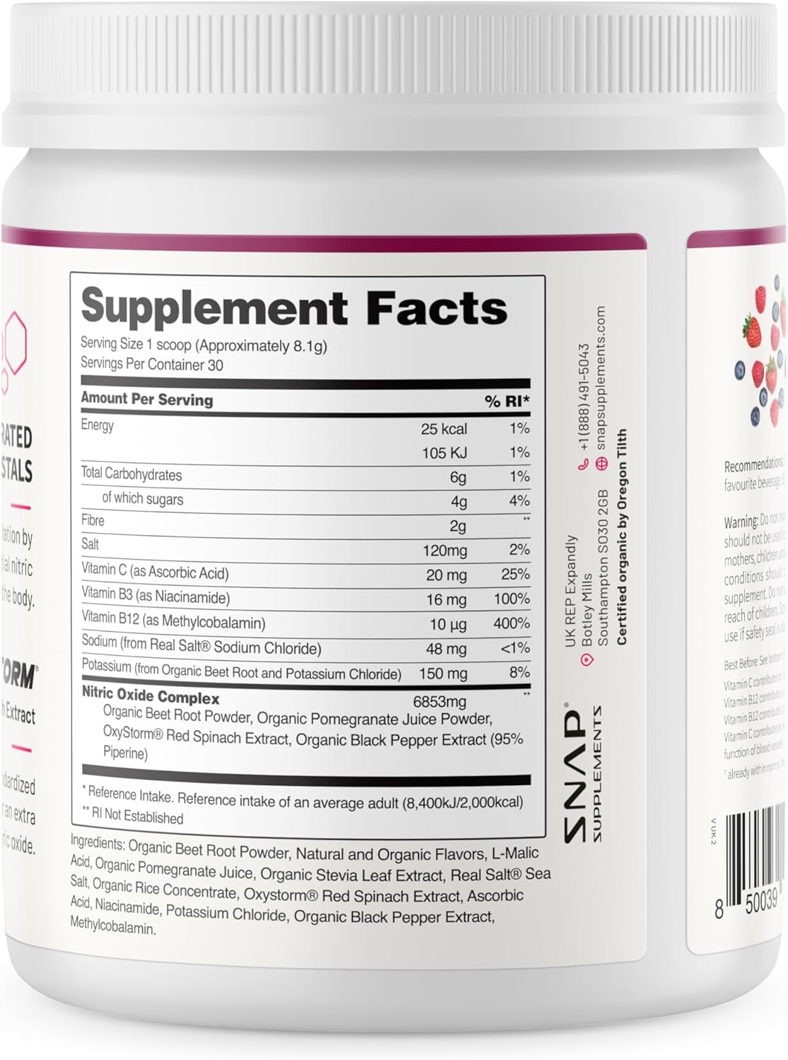 Snap Supplements Organic Beet Root Powder, Nitric Oxide Supplements for Men & Women, Beets, Pomegranate, B Vitamins & Red Spinach, Energy, Heart Health & Circulation Support, 30 Servings, Mixed Berry
