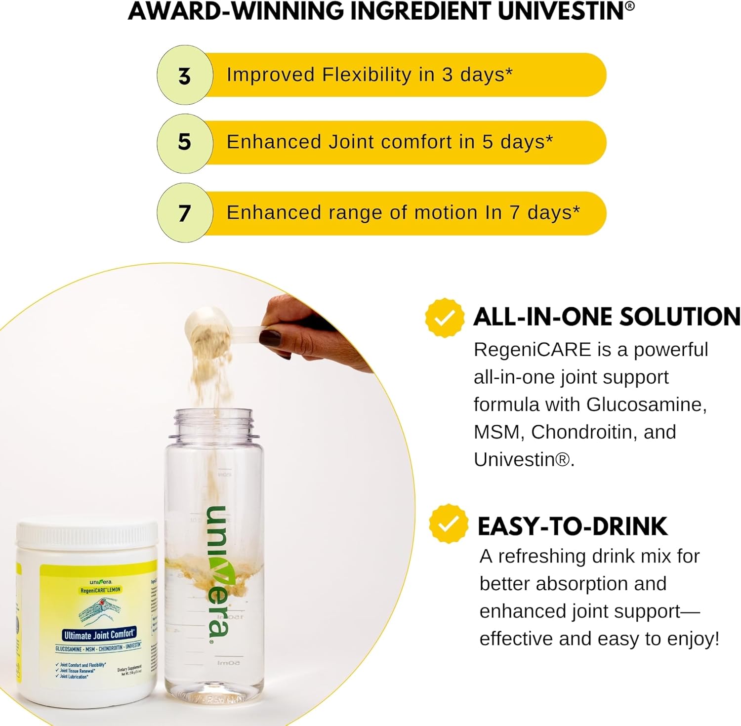 Univera RegeniCARE Gift Set with Bottle and Frother – Joint Support with Glucosamine, Univestin, MSM, Chondroitin – 30 Servings, Lemon
