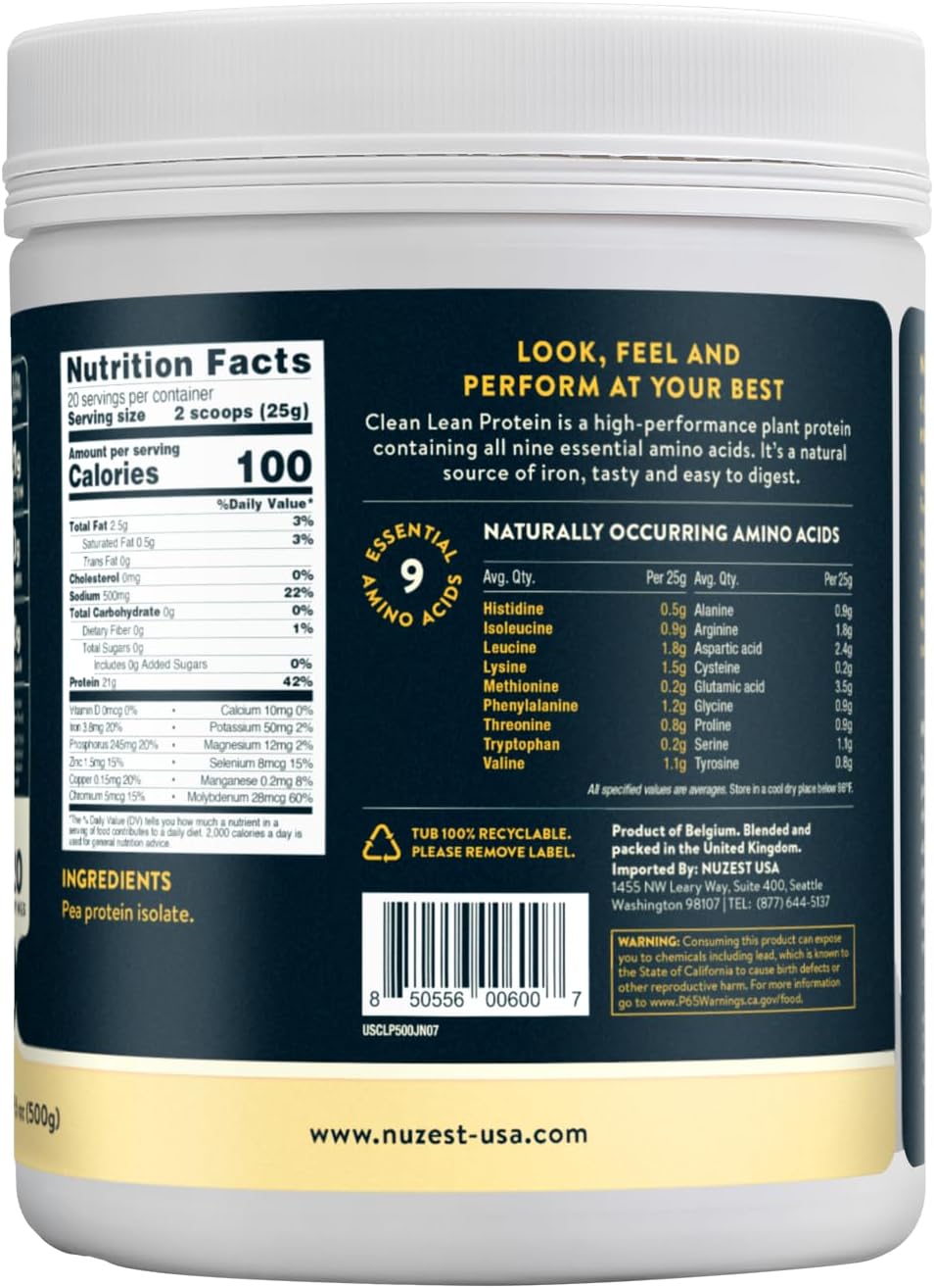 Nuzest - Pea Protein Powder - Clean Lean Protein, Premium Vegan Plant Based Protein Powder, Dairy Free, Gluten Free, GMO Free, Protein Shake, Just Natural (UNFLAVORED), 20 Servings, 1.1 lb