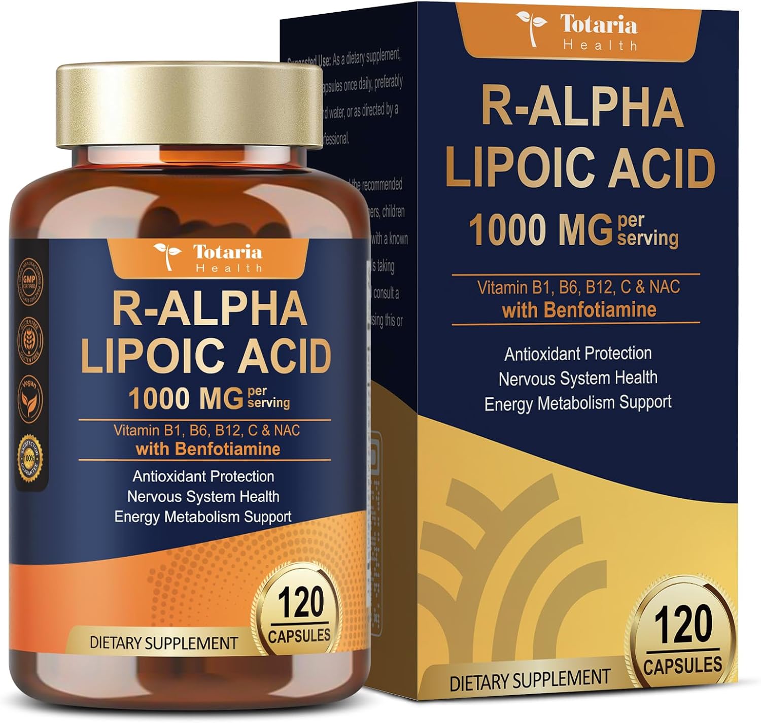 R Alpha Lipoic Acid 1000mg with Benfotiamine - Sodium ALA Supplement for Neuropathy Support Nerve Health & Antioxidant, Cell Energy, Metabolism and Anti-Aging, Non-GMO, Gluten Free, Vegan 120 Counts