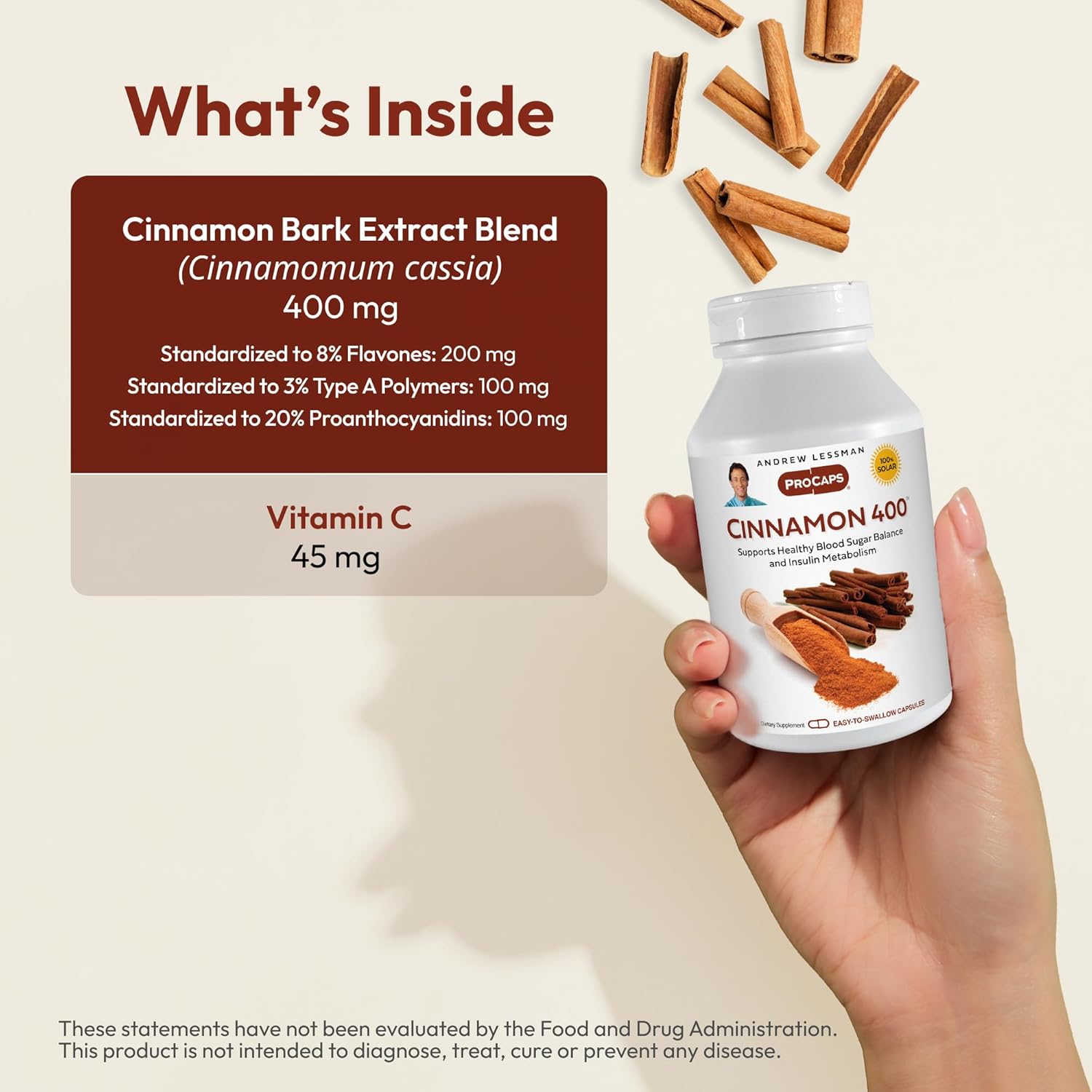 ANDREW LESSMAN Cinnamon 400mg - 120 Capsules - High Potency, Standardized Extract. No Additives. Small Easy to Swallow Capsules