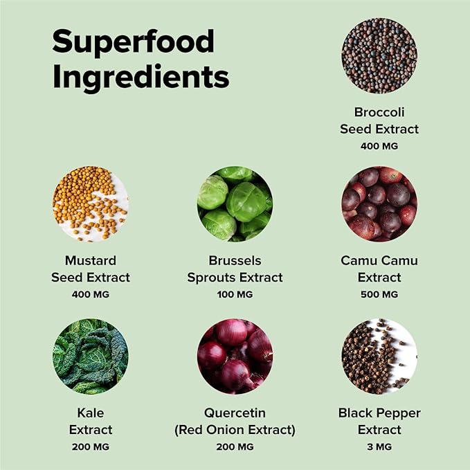 Complement Sulfora – Sulforaphane Supplement with Myrosinase, 52mg Glucoraphanin- Broccoli Seeds, Kale, Camu Camu, Mustard Seed, Quercetin, Brussels Sprouts– Natural Detox, Immune Support– 30 Servings