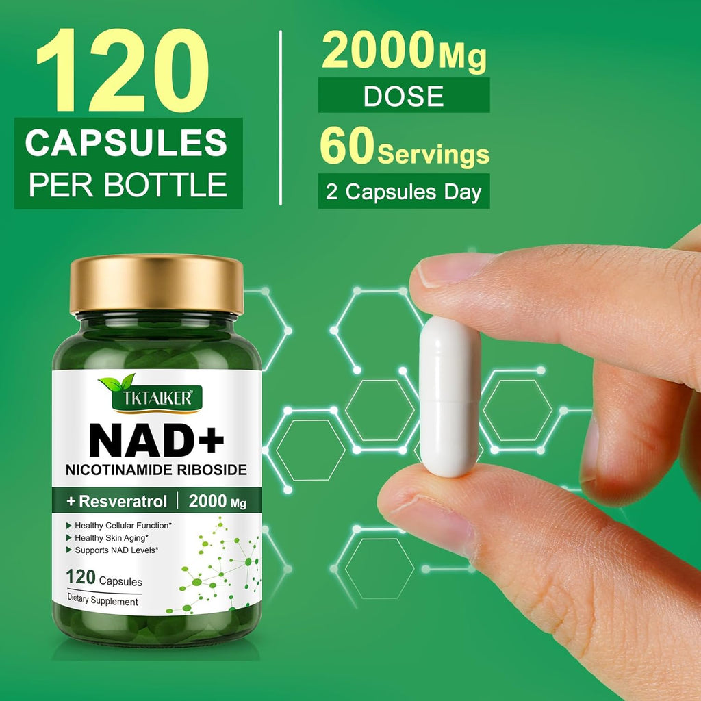 NAD Supplement 2000 Mg - 120 Capsules True NAD & Resveratrol, NMN Alternative Liposomal NAD+ for Women & Men, Support Cellular Health, Stamina & Healthy Aging - Ultra Strength Capsules