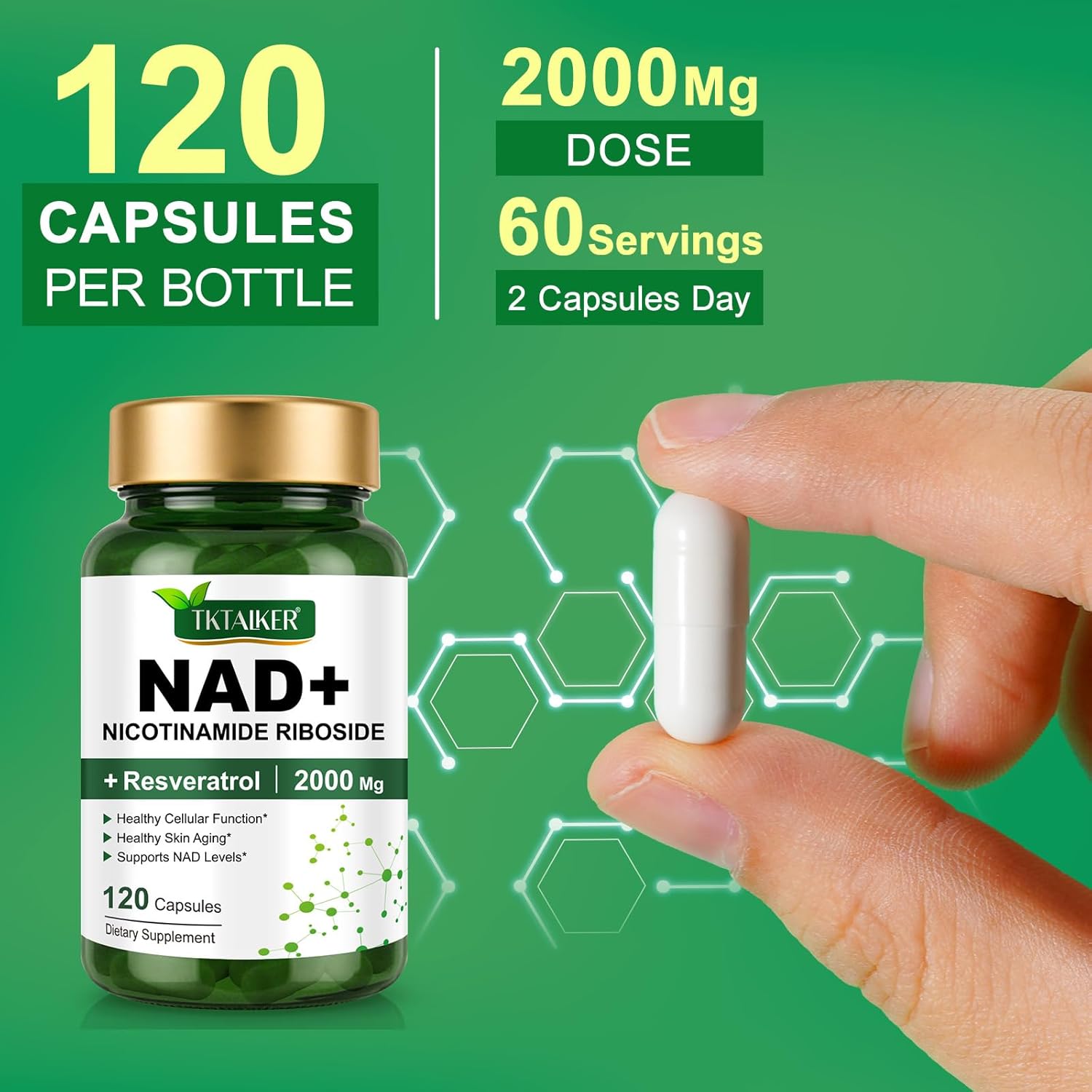 NAD Supplement 2000 Mg - 120 Capsules True NAD & Resveratrol, NMN Alternative Liposomal NAD+ for Women & Men, Support Cellular Health, Stamina & Healthy Aging - Ultra Strength Capsules