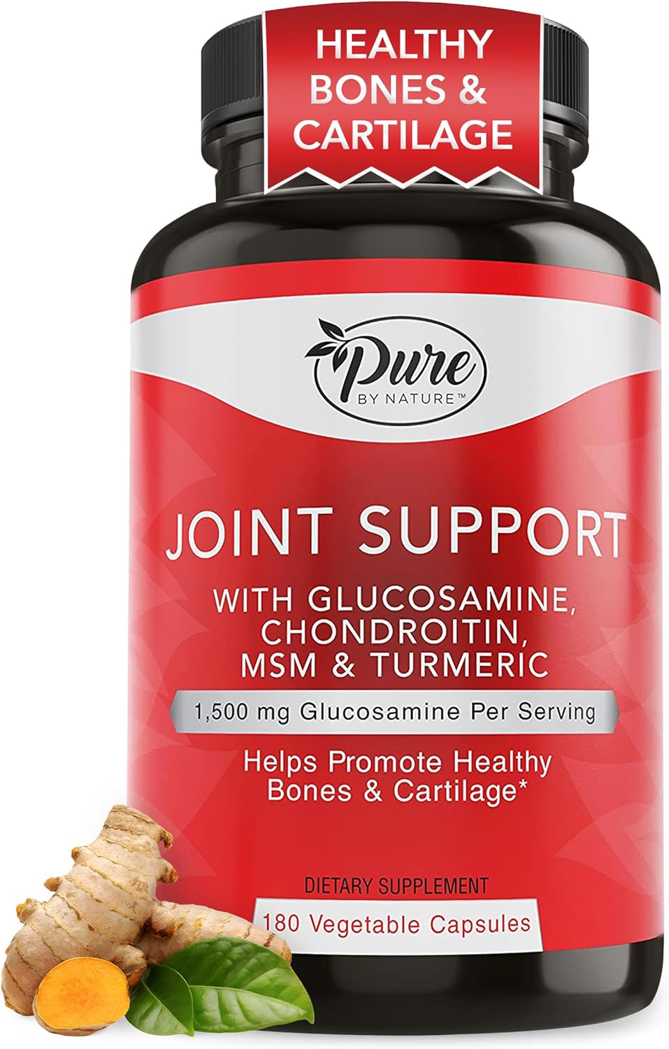 Pure By Nature Joint Support, Glucosamine with Chondroitin Turmeric MSM Boswellia Supplement, 180 Capsules