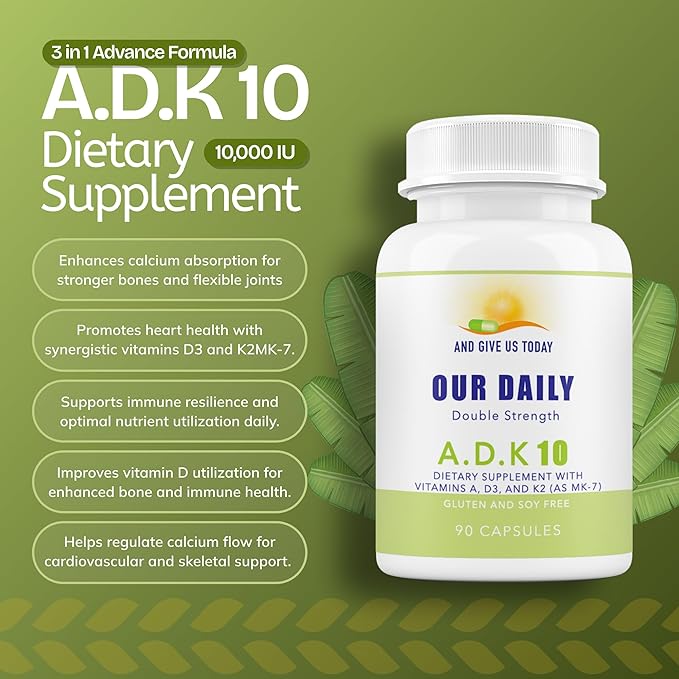 Daily Vites ADK 10 - ADK Vitamin Supplement - High Potency Vitamin A, D3 10,000 IU & K2 (MK-7) - Physician Formulated for Bone, Heart & Immune Support - Non-GMO, Gluten Free - 90 CT (3-Month Supply)