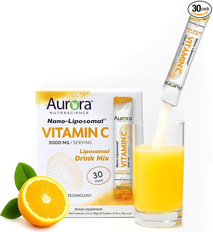 Vida Lifescience Aurora Nutrascience Nano-Pack Liposomal Vitamin C Powder Drink Mix, Immune Support, High Strength 3,000 mg Per Serving, 30 Single Serve Packets, Orange
