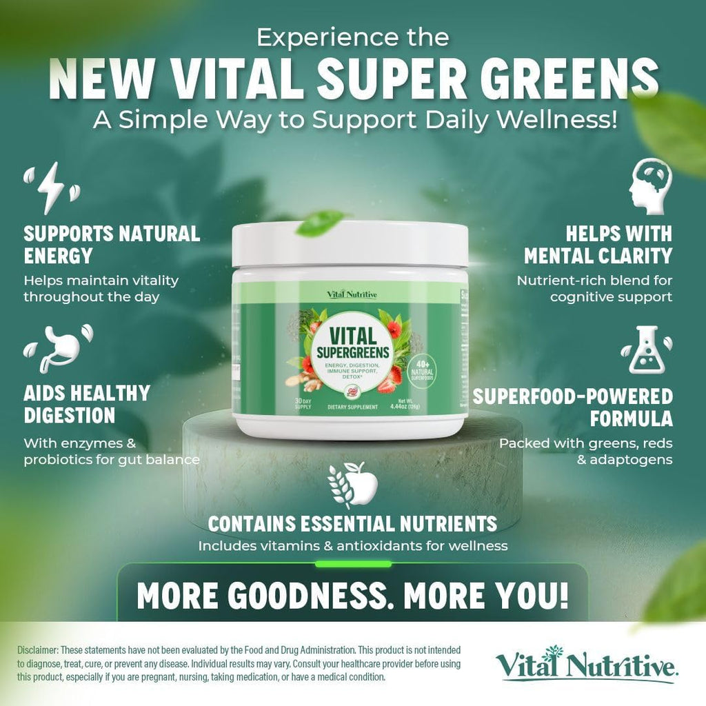 Vital Greens Superfood Powder – New Formula with 40+ Superfoods Daily Green Drink Powder w/Probiotics – Supergreens for Energy, Gut Health, Digestion Support, Plant-Based, Vegan Superfoods