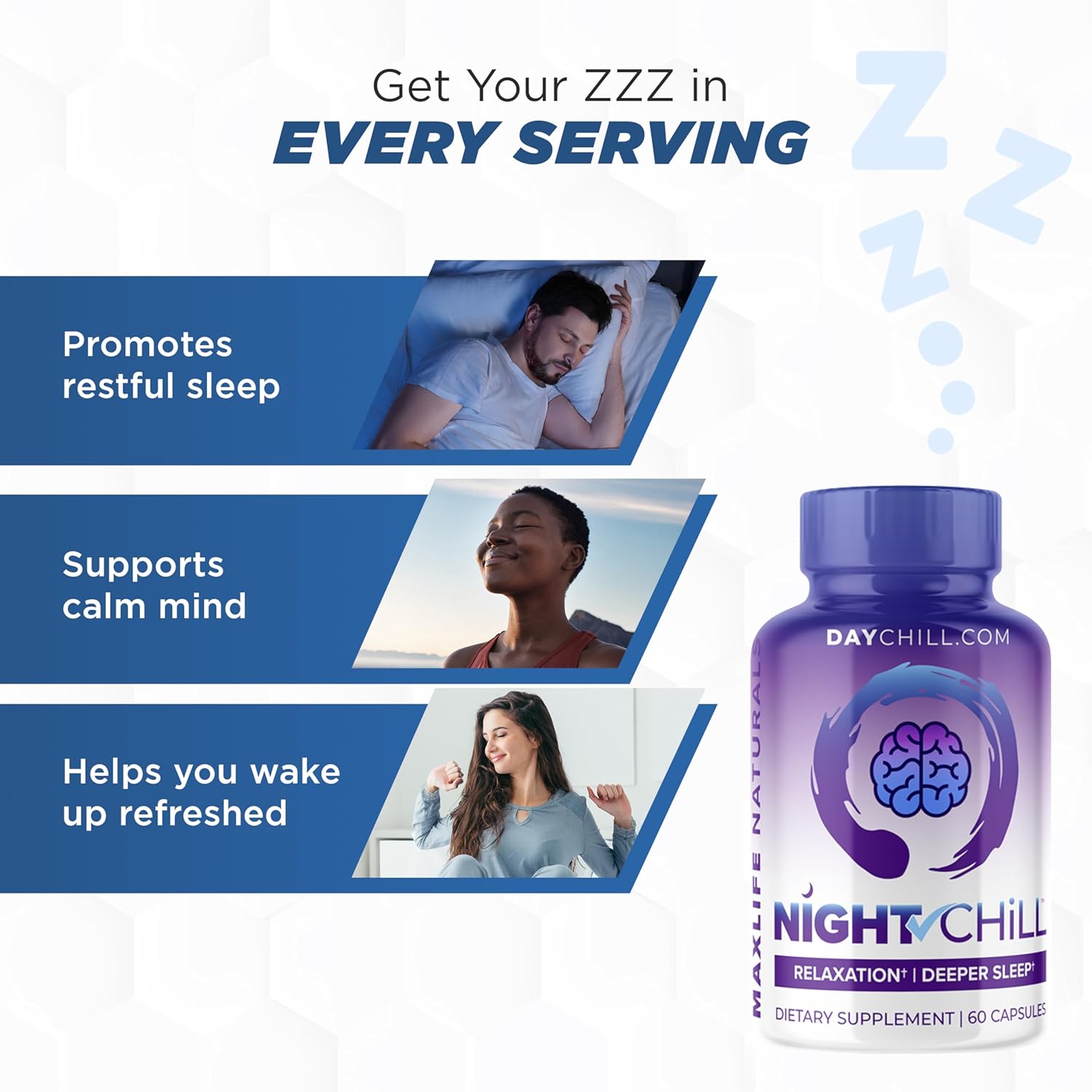 Night Chill Sleep Supplement – 60 Capsules - Restful Sleep Support with DHH-B from Magnolia Bark and L-Theanine Supplement - Stress Calm Mood Support - Sleeping Pills for Adults by MaxLife Naturals