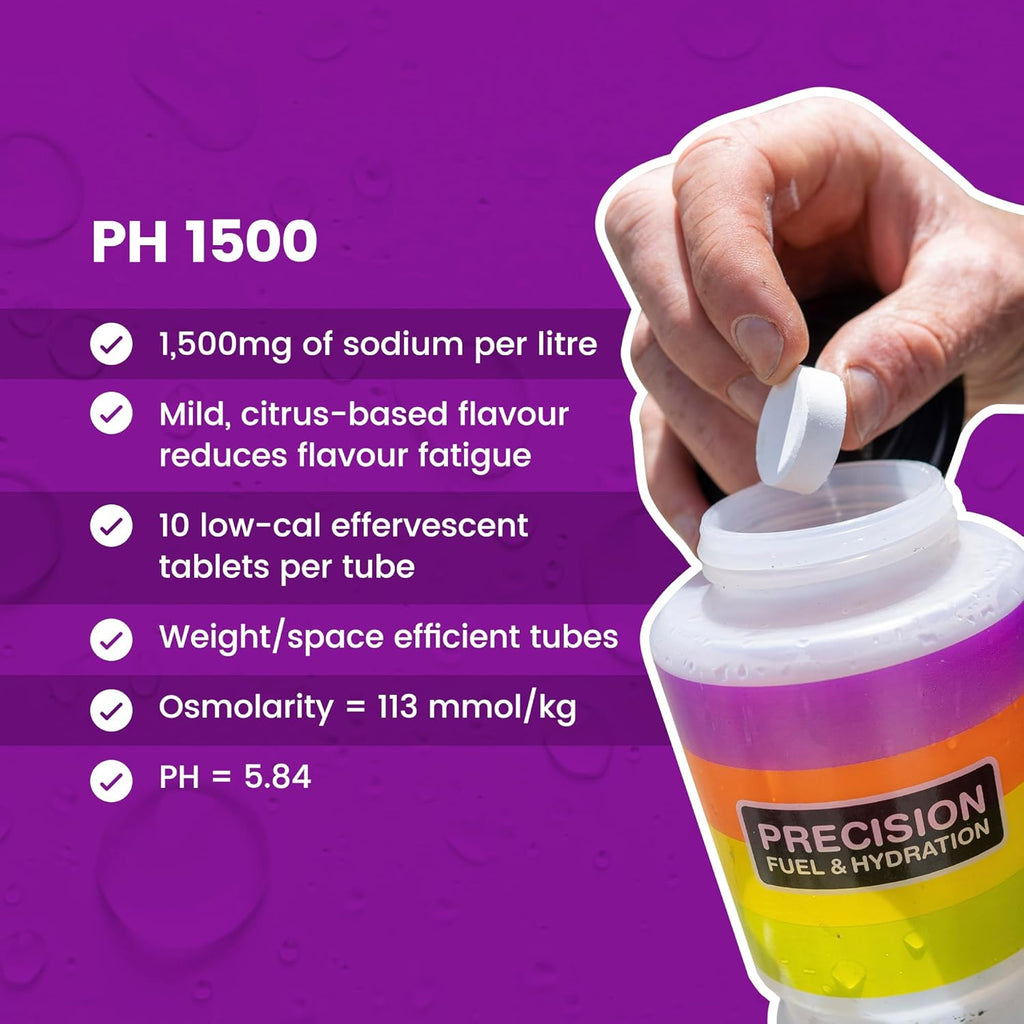 Precision Hydration Lite Electrolyte Drink - Multi Strength Effervescent Hydration Tablets - Combats Cramp - Low Calorie, Gluten Free, Vegan/Vegetarian Friendly, NSF (1 Tube, 1500mg/L - Purple Tube)