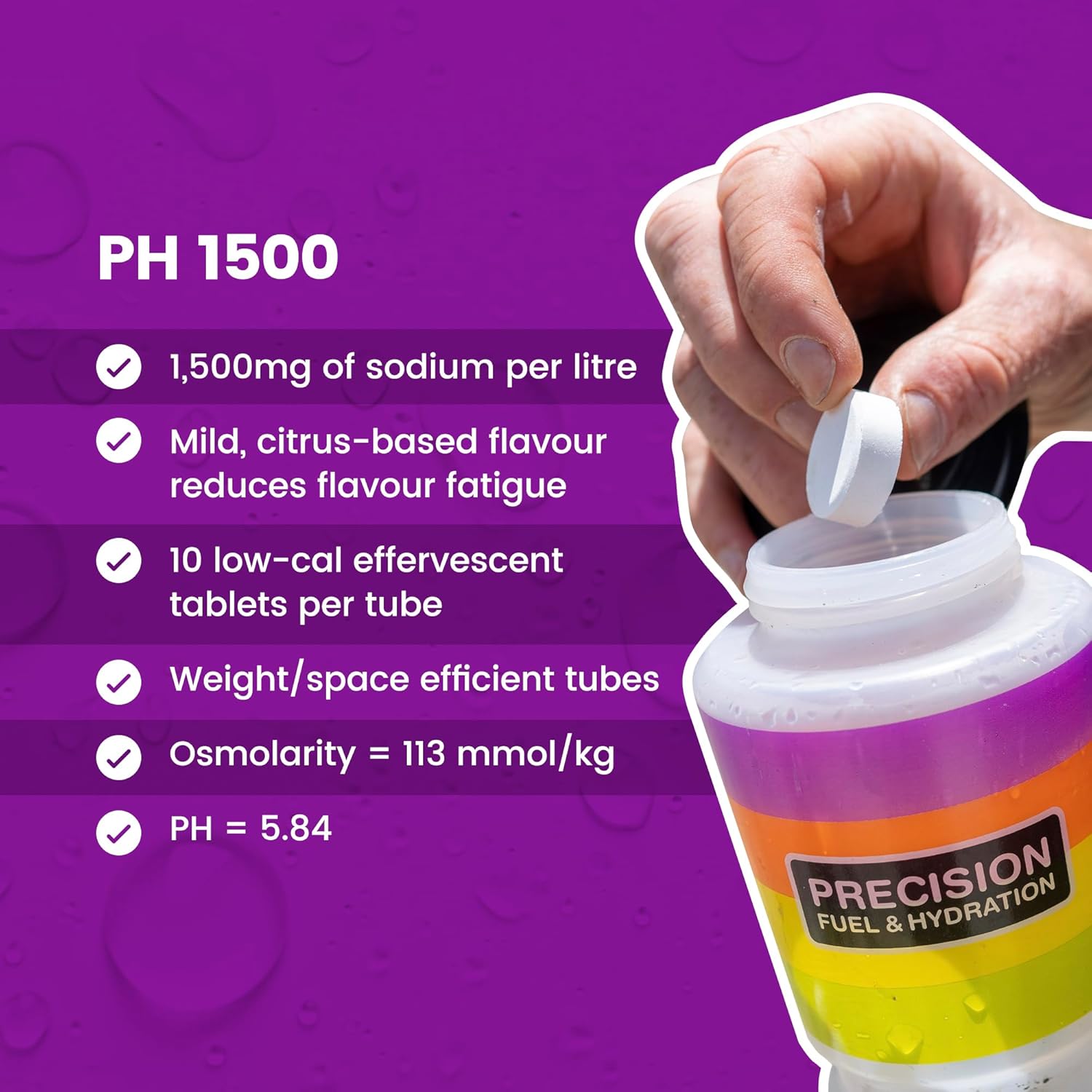 Precision Hydration Lite Electrolyte Drink - Multi Strength Effervescent Hydration Tablets - Combats Cramp - Low Calorie, Gluten Free, Vegan/Vegetarian Friendly, NSF (1 Tube, 1500mg/L - Purple Tube)