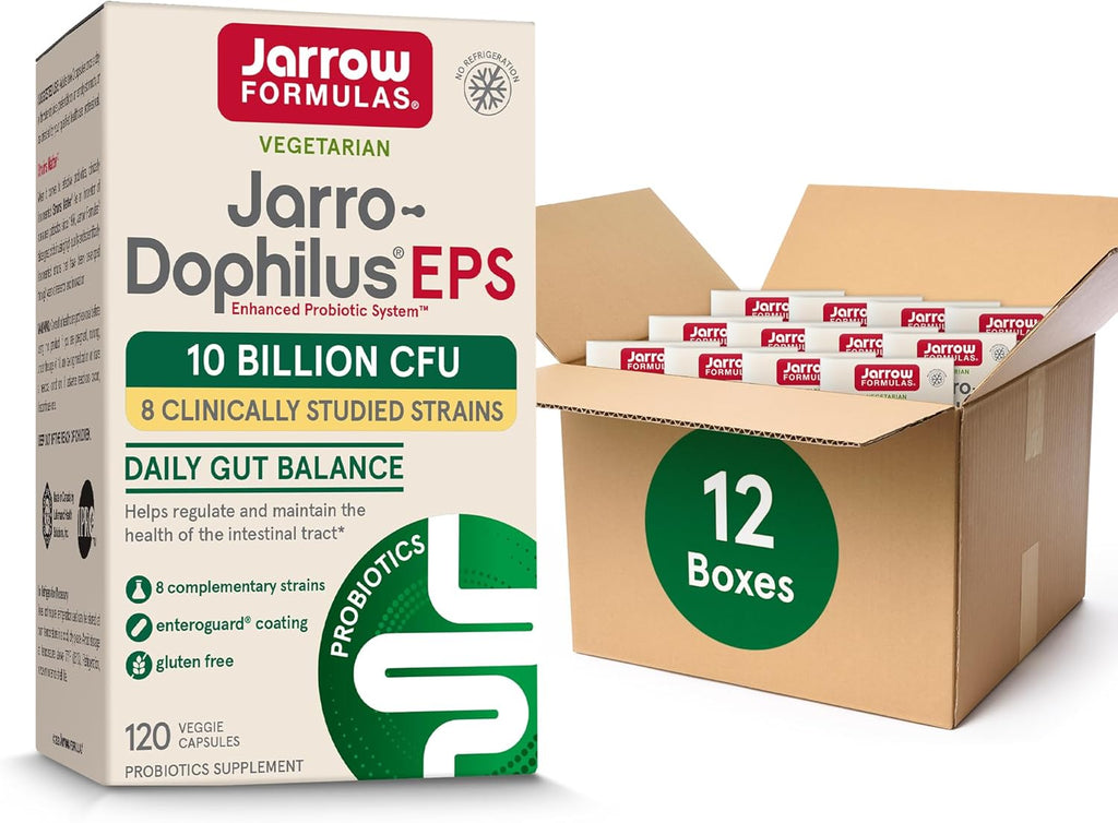 Jarrow Formulas Jarro-Dophilus EPS Probiotics 10 Billion CFU for Intestinal Tract Support, Probiotic Supplement for Gut Health for Women and Men, 120 Veggie Capsules, Up to a 60 Day Supply ,Pack of 12
