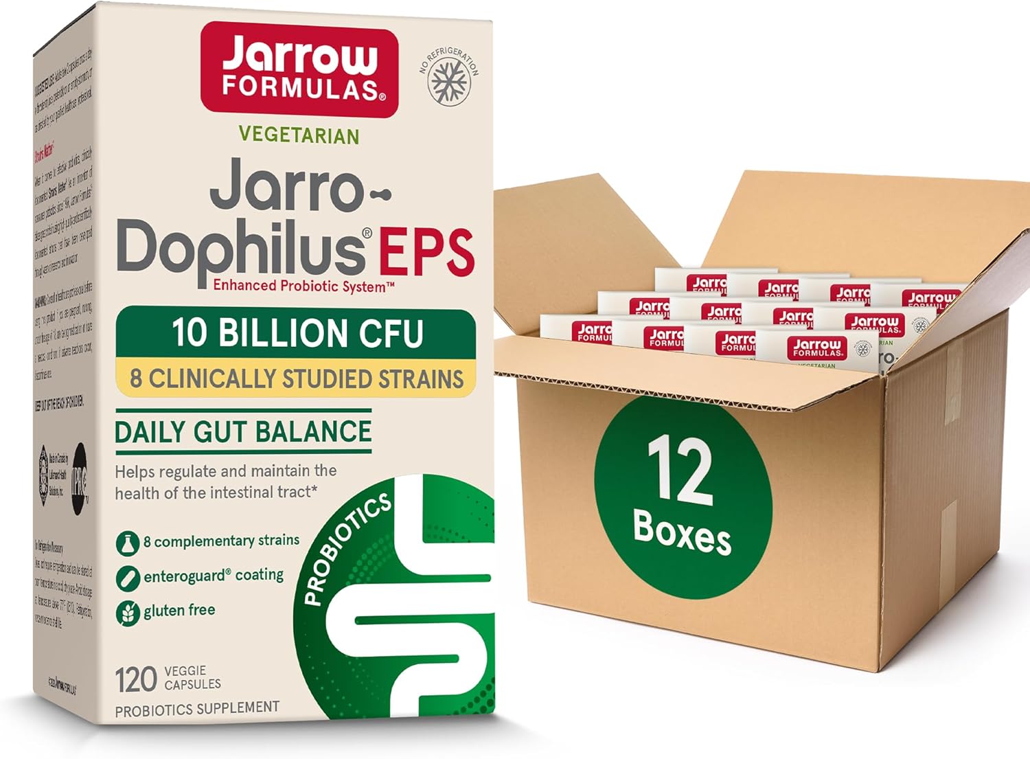 Jarrow Formulas Jarro-Dophilus EPS Probiotics 10 Billion CFU for Intestinal Tract Support, Probiotic Supplement for Gut Health for Women and Men, 120 Veggie Capsules, Up to a 60 Day Supply ,Pack of 12
