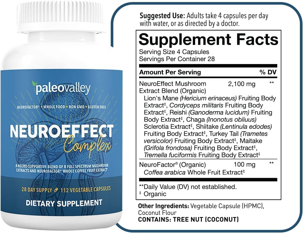 Paleovalley NeuroEffect - Neuro Mushroom Coffee Nutritional Supplement for Focus, Memory, and Energy Support - 28-Day Supply - 8 Full Spectrum Mushroom and Whole Coffee Fruit Extracts