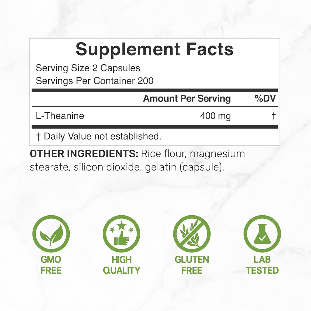 L-Theanine 400mg, 400 Capsules – Extra Strength Theanine Supplement – Amino Acids for Focus & Relaxation Support – Non-GMO & Gluten Free