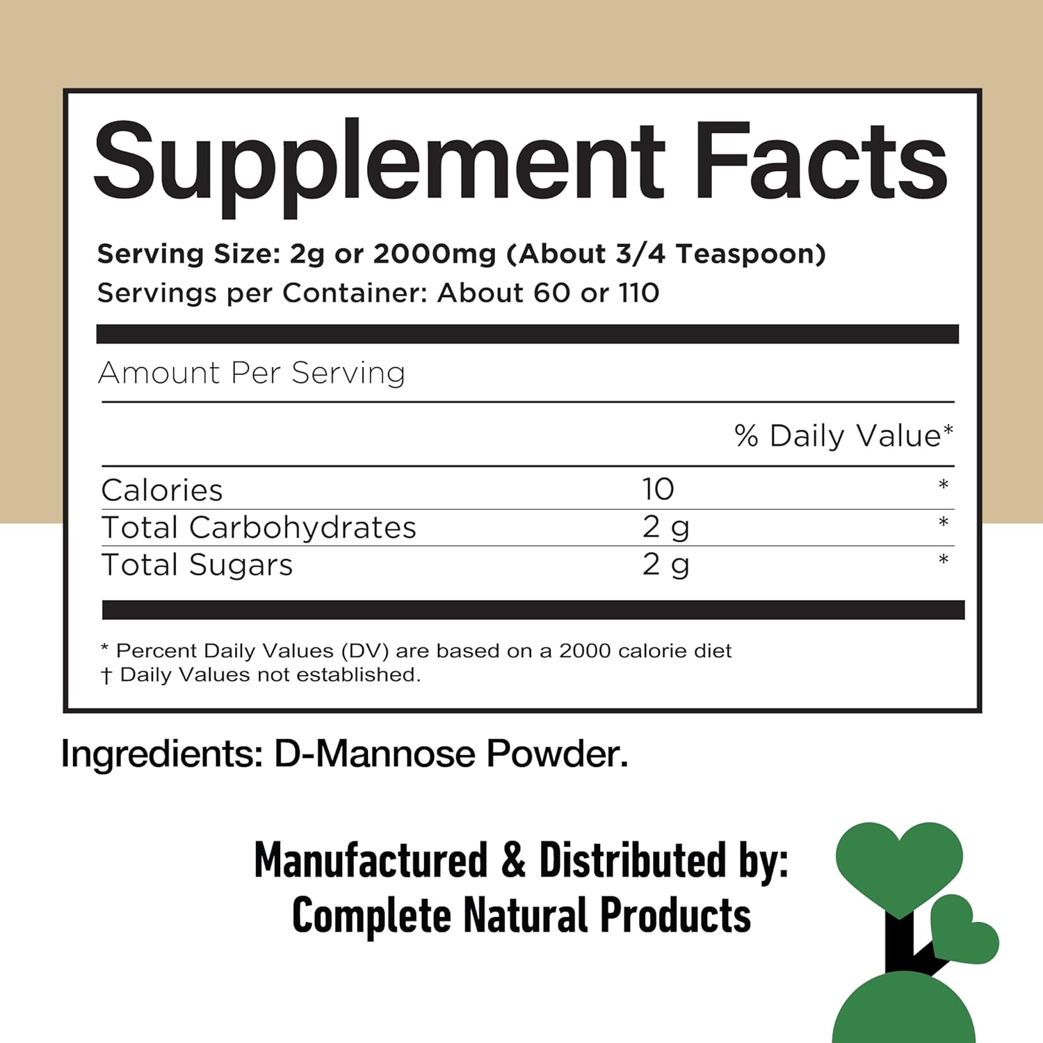Complete Natural Products Pure D-Mannose Powder Supplement - Bulk D-Mannose 8oz (227 g) 115 Servings for UTI, Bladder, & Urinary Tract Health