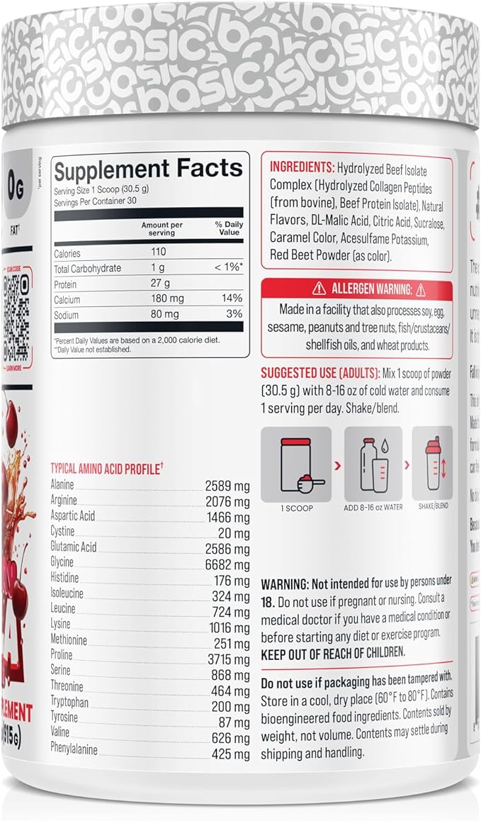 Hydrolyzed Clear Beef Isolate Protein Powder, 27g Protein, 9 Essential Amino Acids, Fat-Free, Dairy-Free, Sugar-Free, Latose-Free, Supports Muscle Protein Synthesis