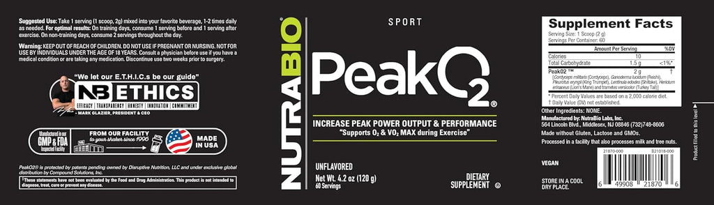 NutraBio Peak O2, Unflavored, 4.2 oz (120 g), Labs