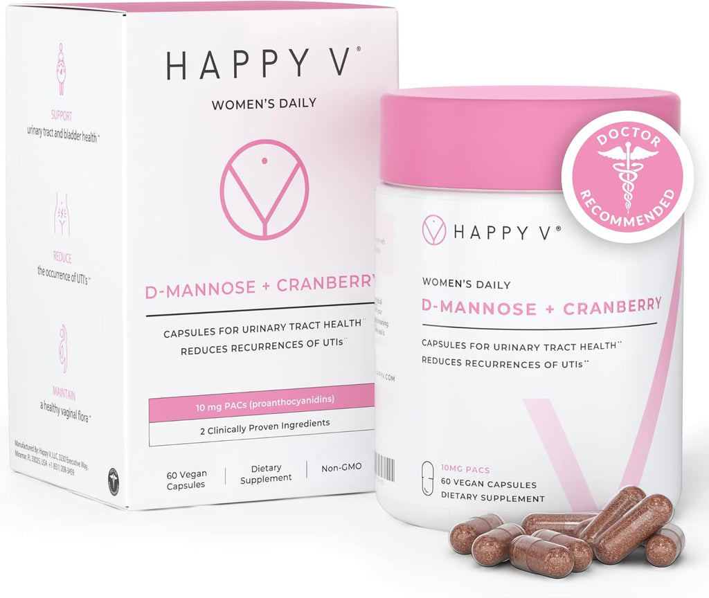 Happy V Dr. Formulated D-Mannose with Cranberry Pills for Women Cranberry for Urinary Tract infections & D Mannose Powder for UTI Infection Prevention, Bladder & Urinary Tract Health & Harmony