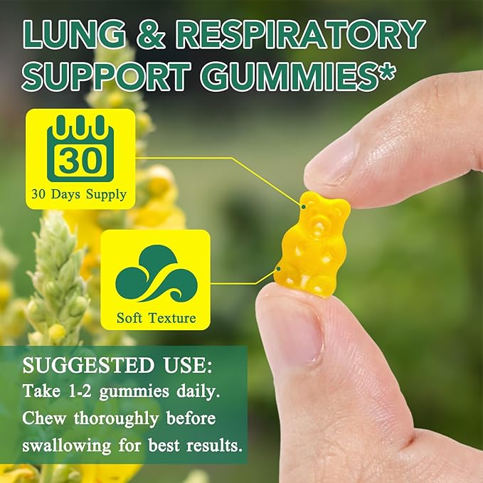 Mullein Gummies for Lung Cleanse 60 Count - 2000 mg Mullein Leaf Extract Gummies with Chlorophyll - Natural Herbal Supplement for Lung Cleanse, Respiratory Support, Boosts Immunity, Digestive Wellness