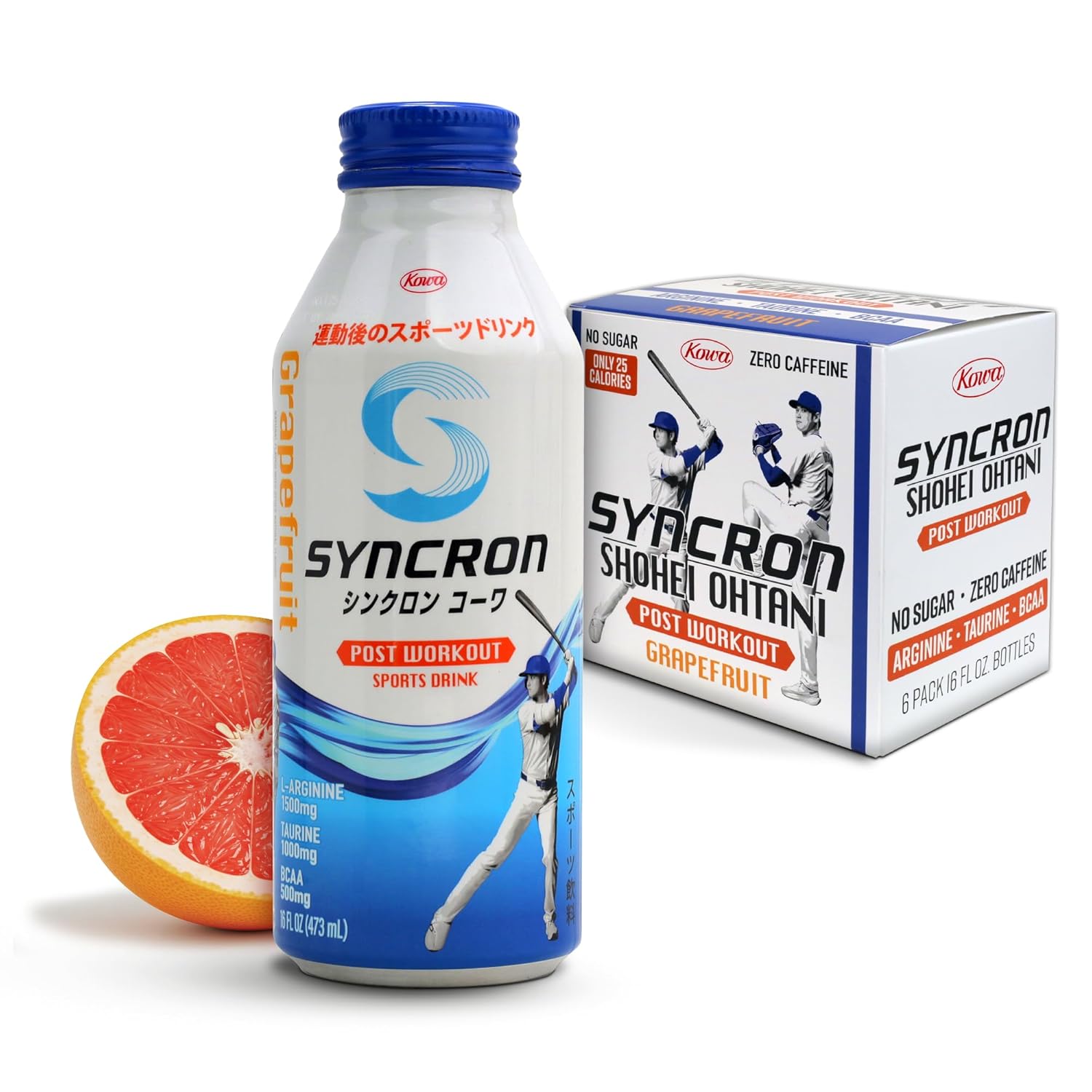 Syncron Post Workout Sports Drink Endorsed by Shohei Ohtani, Sugar Free Electrolyte Hydration, Aluminum Bottled Drink, Taurine, L Arginine & BCAAs for Athletes, Grapefruit Flavor, 6 Pack, 16 oz