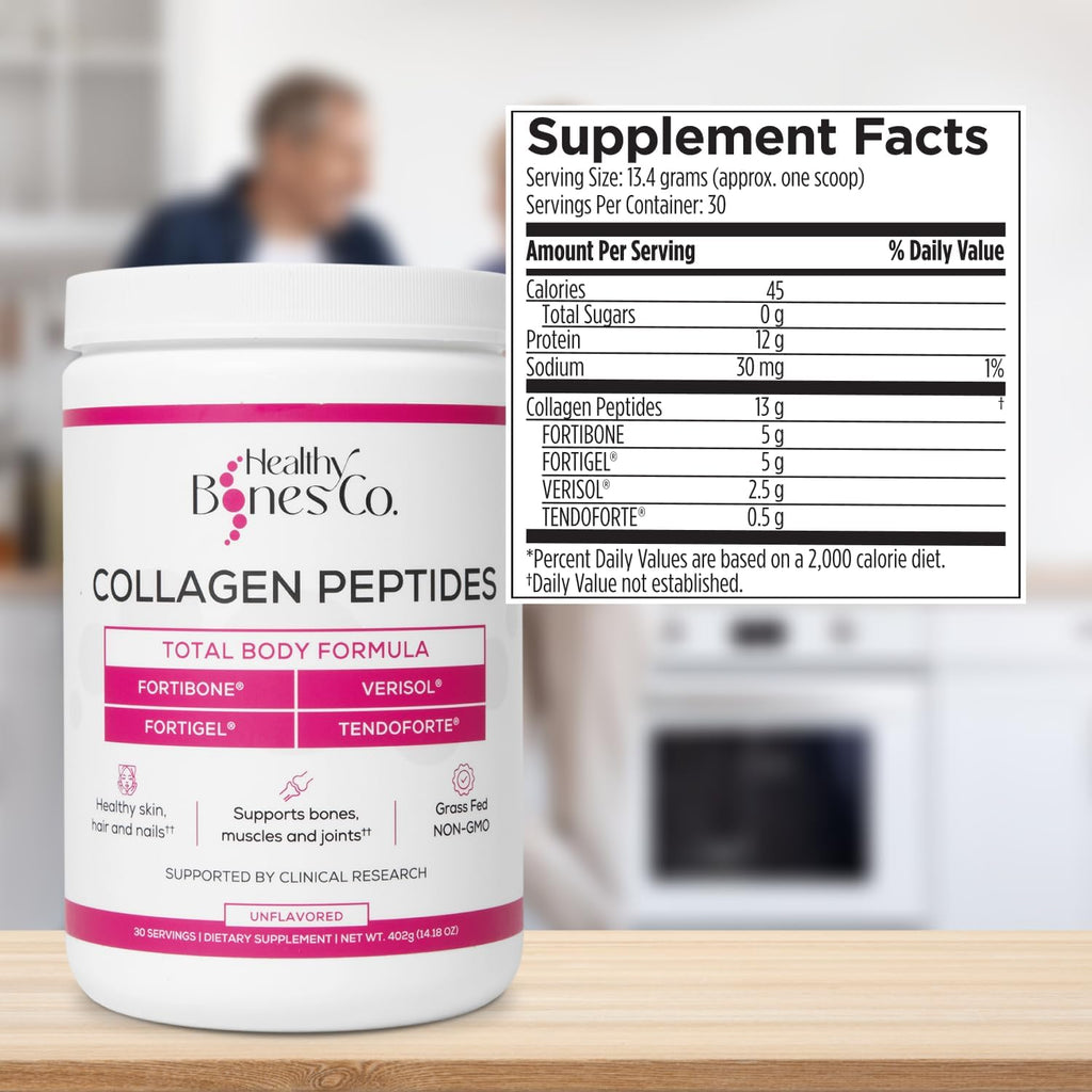 FORTIBONE Premium Bone Health Collagen Peptides w/FORTIGEL, VERISOL & TENDOFORTE, Clinically-Supported for Bones Joints Skin Hair Nails, Hydrolyzed Collagen Complete, Anti-Aging Formula (30 Servings)