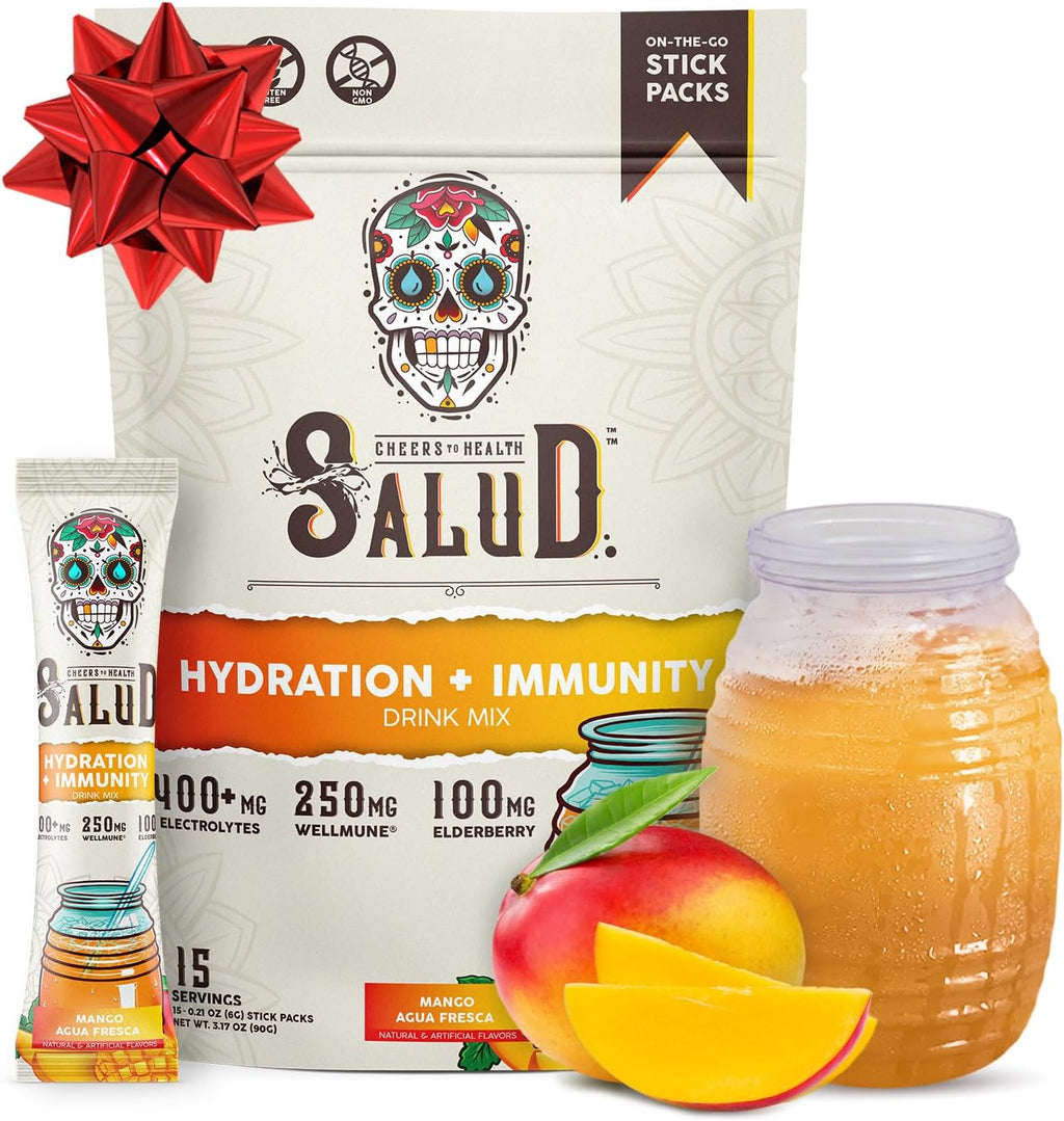 Salud 2-in-1 Hydration Packets + Immunity Electrolytes Powder, Mango - Agua Fresca Drink Mix, Elderberry, Dairy & Soy Free, Non-GMO, Gluten Free, Vegan, Low Calorie, 1g Sugar (15 Servings)