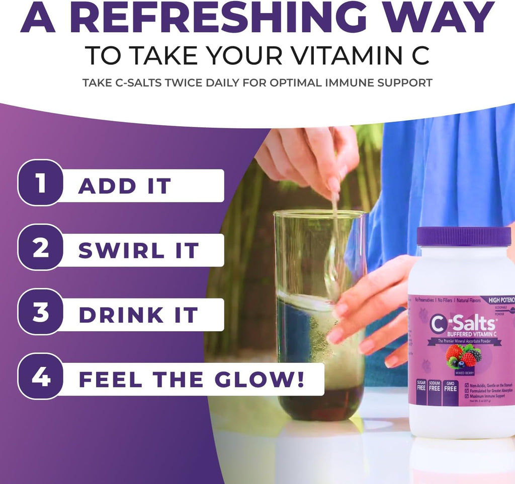 C-Salts Original Vitamin C Powder Supplement - 100% Pure High Dose Buffered Vitamin C Powder for Immune Support - Sugar-Free Powdered Drink Ascorbate, Organic, Stomach-Friendly, Mixed Berry 26oz