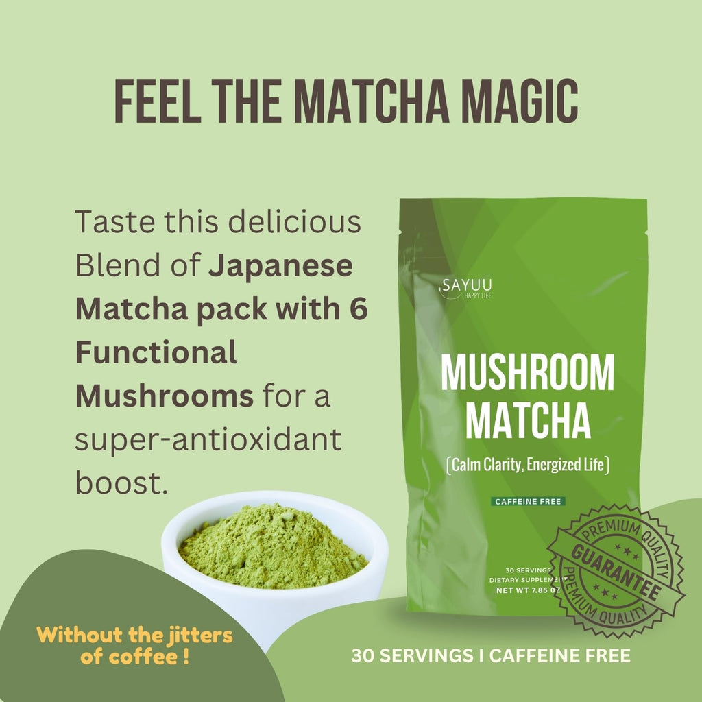SAYUU Mushroom Matcha Coffee Powder – Instant coffee Blend with Functional Mushrooms for Calm Focus, Stamina, and Immune Support - 30 Servings