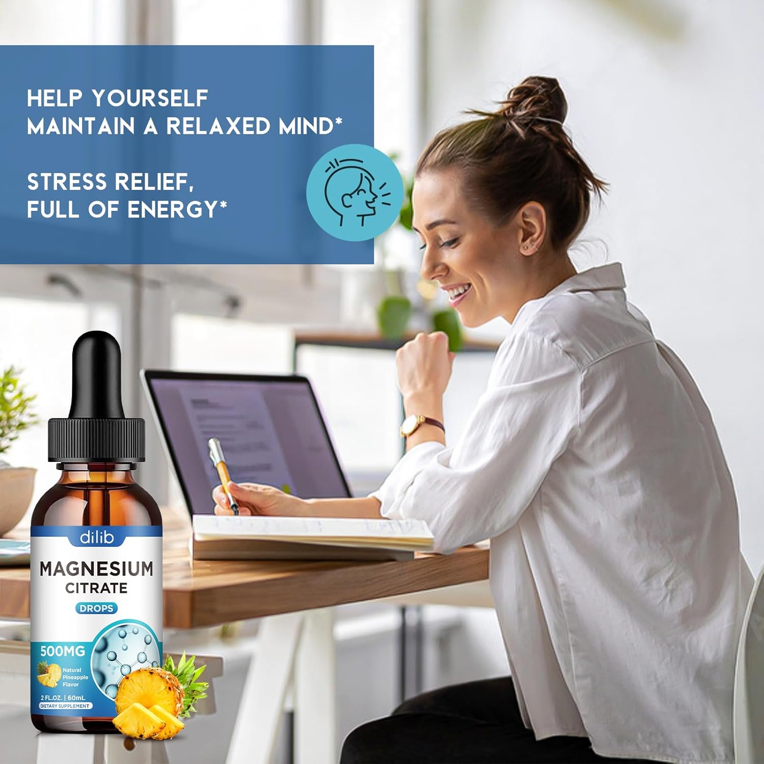 Magnesium Citrate Liquid Magnesium Drops Supplement 500mg-Support Stress Relief, Bone, Muscle, Mood, Sleep-2 Fl Oz, Vegan, Pineapple Flavor