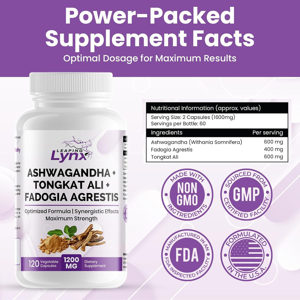 SUPER SUPPLEMENTS Ashwagandha Capsules + Tongkat Ali + Fadogia Agrestis - 120 Capsules, Organic Ashwagandha Supplement - Vegan Ashwagandha Root, Gluten-Free, Non-GMO, for Stress Relief, Energy & Sleep