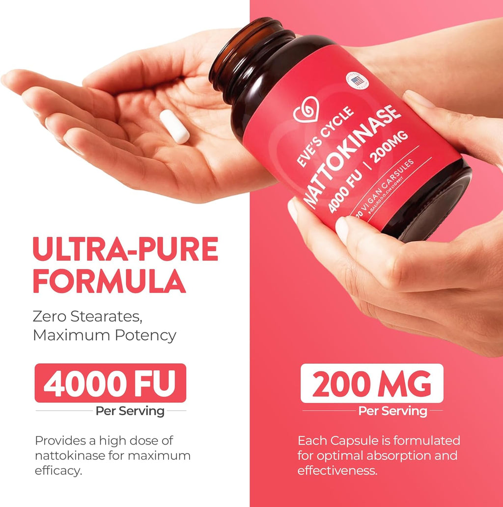 Eve's Cycle Nattokinase Supplement 4000 FU - 270 Vegan Natto Capsules - Premium Japanese Enzyme, Natural Blood Thinner, Organic, No Stearates, Non-GMO, Made in USA