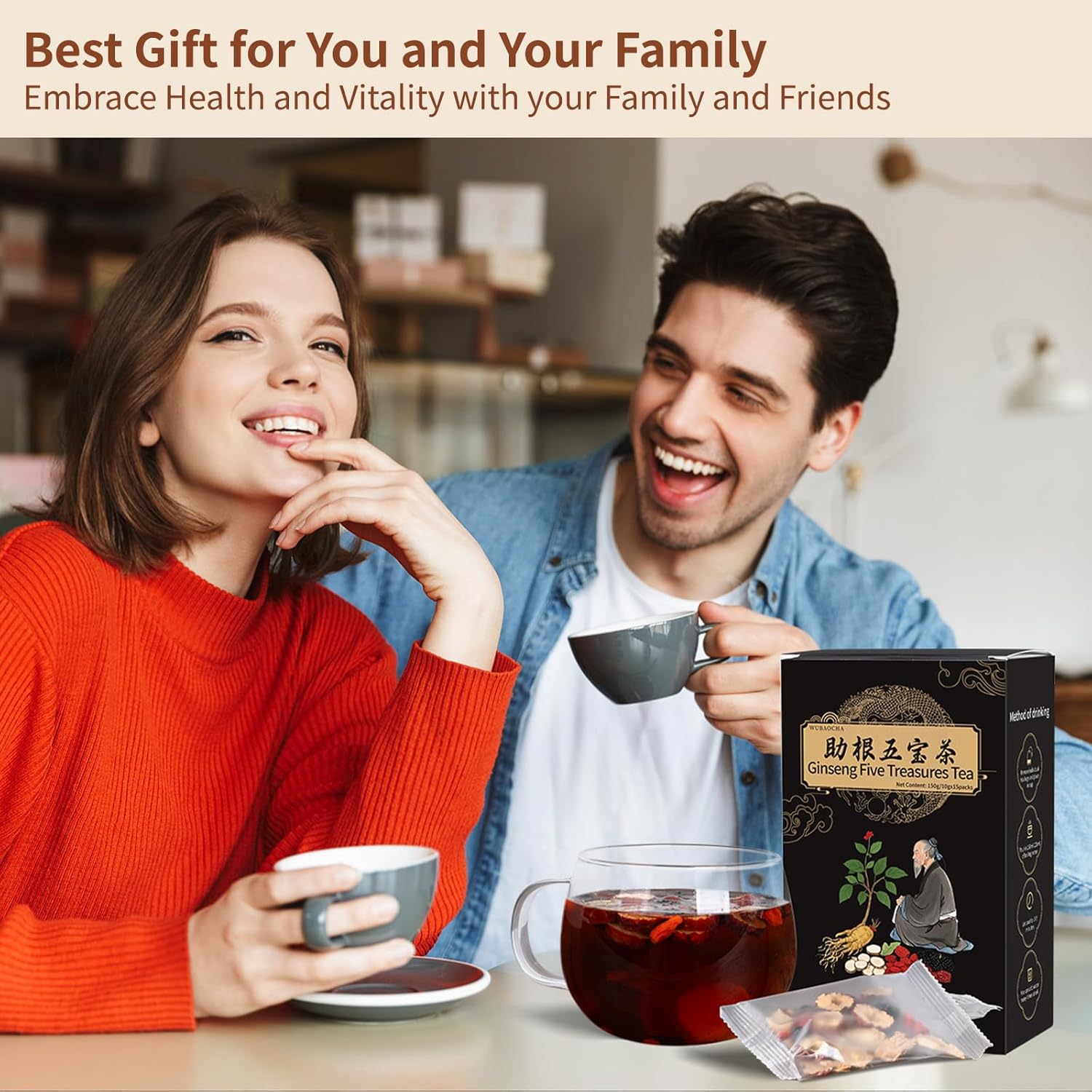 Ginseng Five Treasures Kidney Tea, Chinese Ginseng Six Treasure Tea Cleanse Detox TeaBags for Women and Men's Kidney Health, 7 Precious Ingredients Formula (15 Bags/1 Boxes)