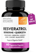 Sandhu's Resveratrol with Berberine for Gut Health | Digestive Supplement for Women & Men | Green Tea, Star Anise, DGL, Grape Seed Extract & Quercetin | Eases Bloating | 60 Capsules (Pack of 1)