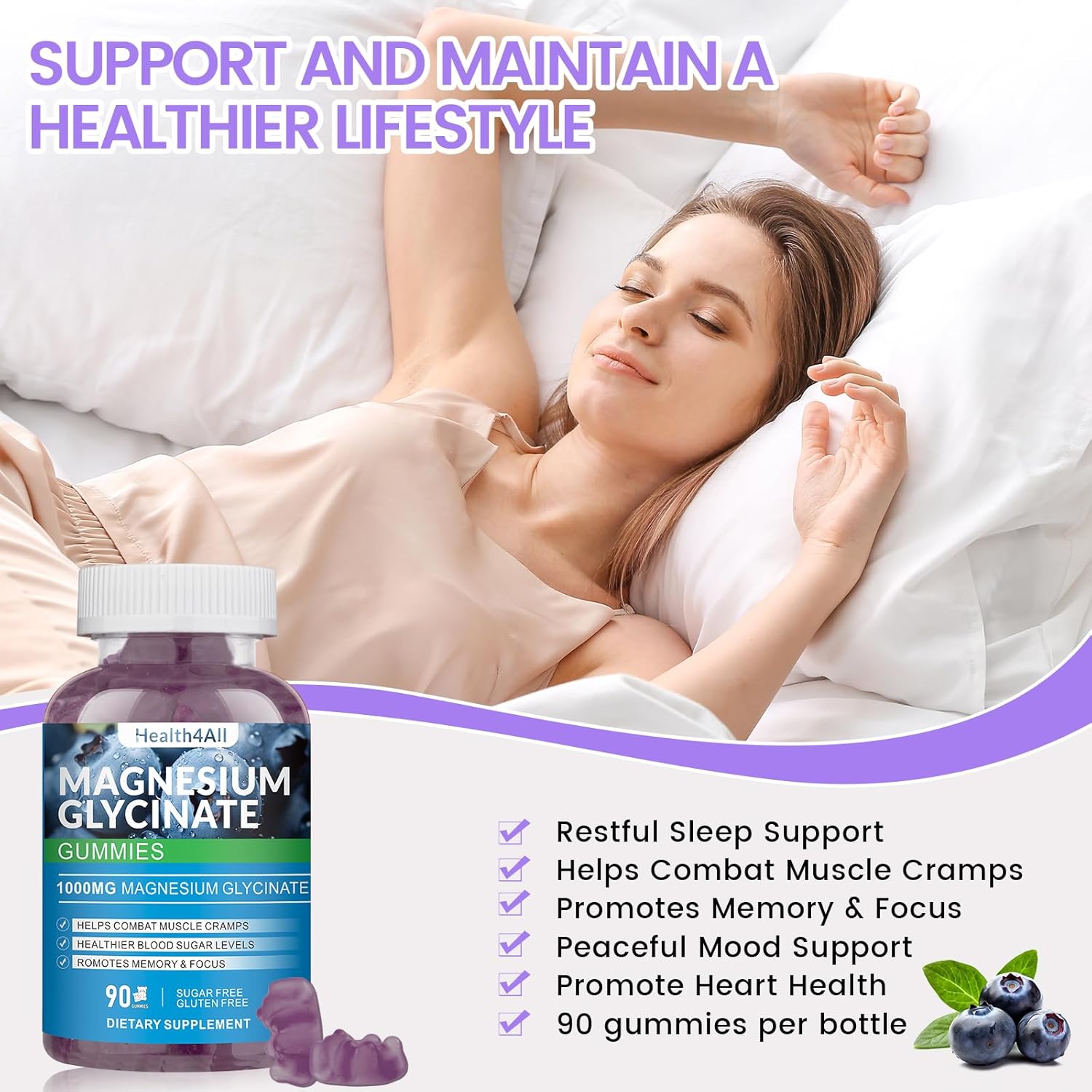 Magnesium Glycinate Gummies 1000mg, High Absorption Sugar Free Magnesium Potassium Supplement for Relaxation, Stress Relief, and Sleep Support for Adults & Kids - 180 Blueberry Gummies