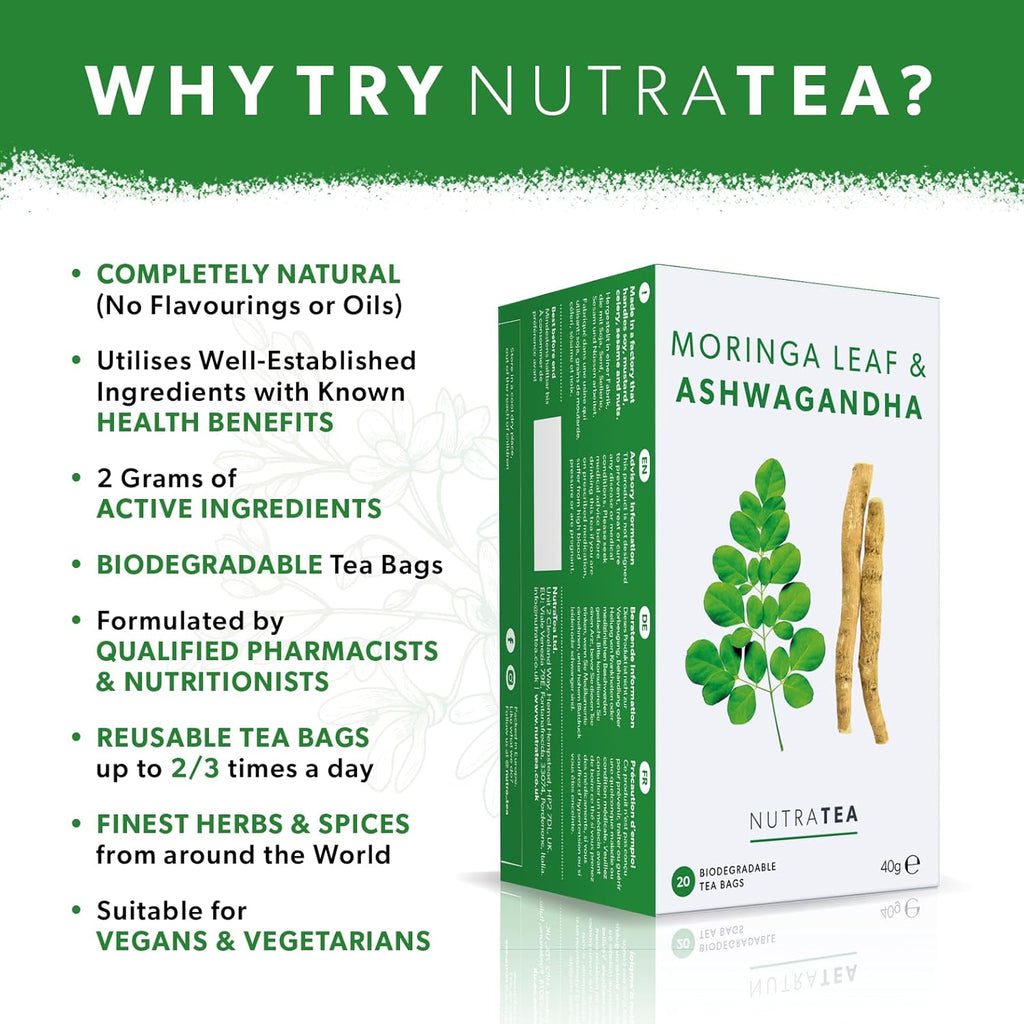 Nutra Tea - Moringa Leaf & Ashwagandha – Moringa Tea Bags, Ashwagandha Tea Bags - For Mood Support and Stress Relief - 120 Individually Wrapped Bags - Herbal Infusion (6 Pack)