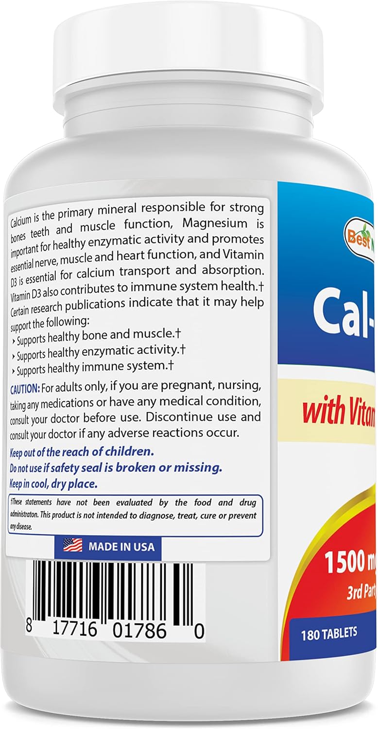 Best Naturals Calcium Magnesium with Vitamin D3 1500mg Serving 180 Tablets (180 Count (Pack of 3))
