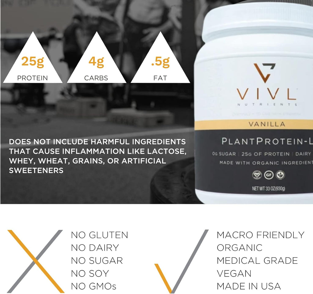 Plant Protein-L Powder Vanilla, Vegan, Organic, No Dairy, No Sugar, No Gluten, Keto, Low Carb, Clean Ingredients, Low Fodmap, for Men & Women, 25g, 27 Servings, 33oz