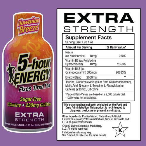 5-hour ENERGY Extra Strength Hawaiian Breeze Energy Shot 1.93oz, 20-Pack – Sugar Free Caffeine Energy Booster with B-Vitamins & Amino Acids – Zero Calorie (20 Bottles – Single Flavor, Hawaiian Breeze)